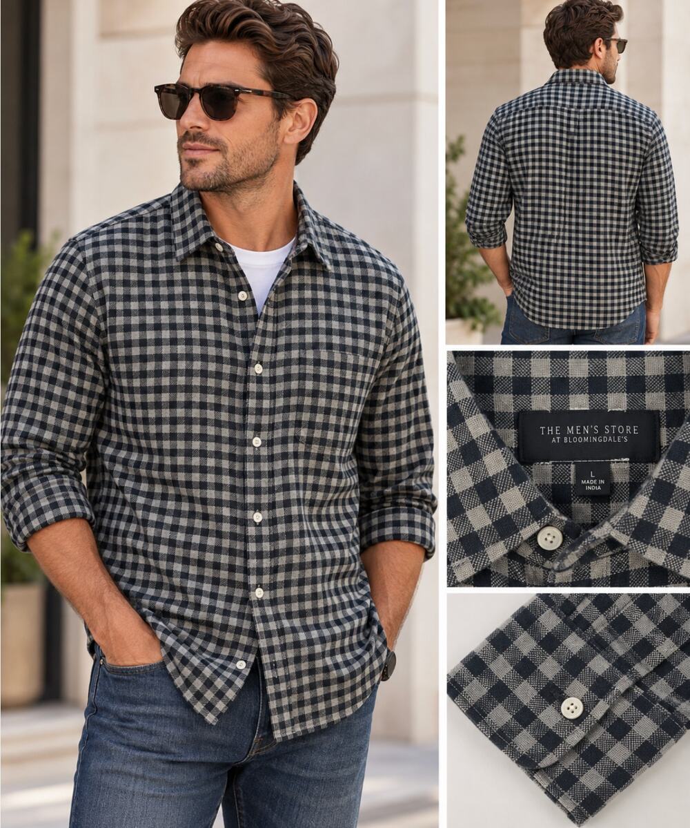 Bloomingdale’s Men’s Flannel Shirt Black Gray Gingham Check Cotton Blend L